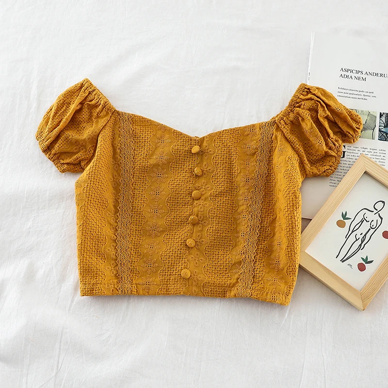 2019 Новая мода Женские blusas свежий футболка с пышными рукавами v образным вырезом