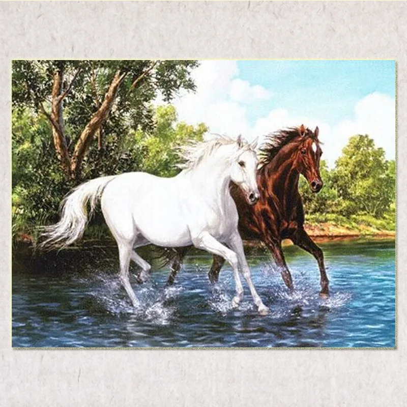 

Diamond Embroidery DIY Diamond Painting Cross Stitch Kit Two horse Step water 5D Needlework Diamond Mosaic Home Decoration X