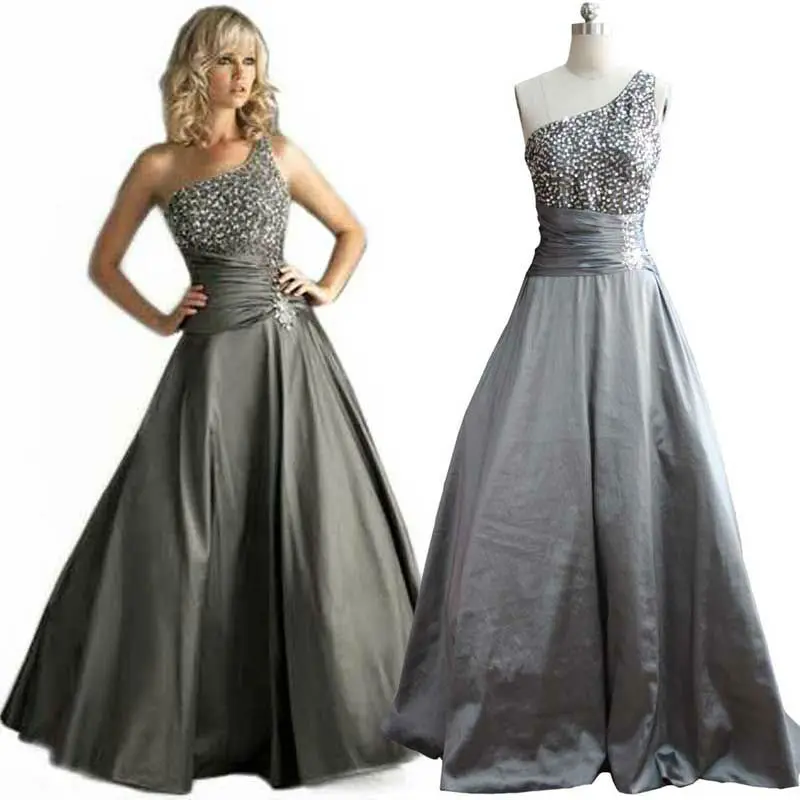 Выпускные платья 2014 Новые трапециевидные тафты на одно плечо с бусинами без