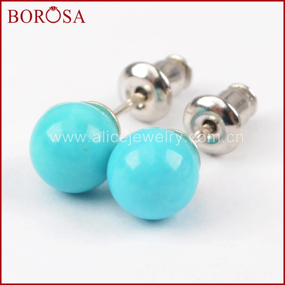 Модные серьги гвоздики BOROSA из чистого серебра 100% натуральная бирюза 92.5%