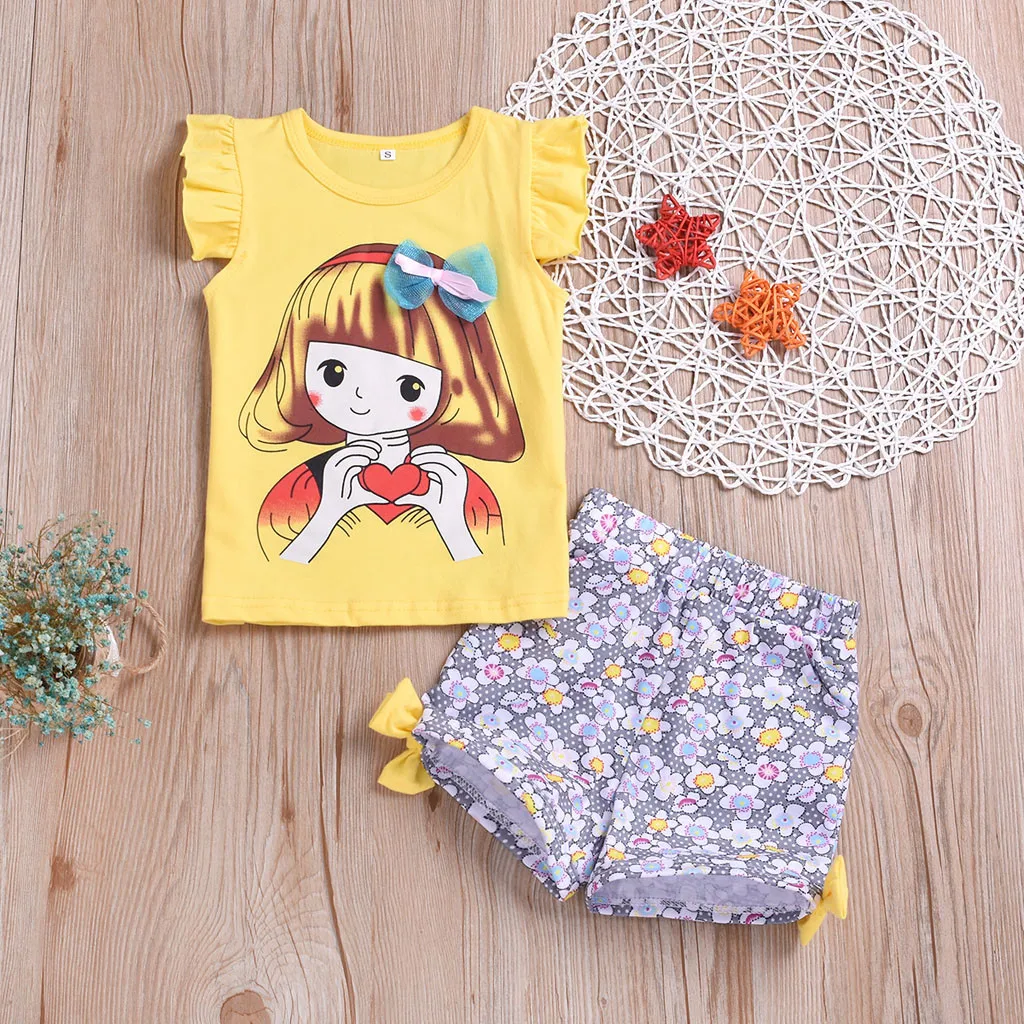 Toddler Kids Clothes Girl Cartoon Printed Sleeveless Tops+Floral Shorts Outfits Girls Summer Set Moda Infantil Menina |