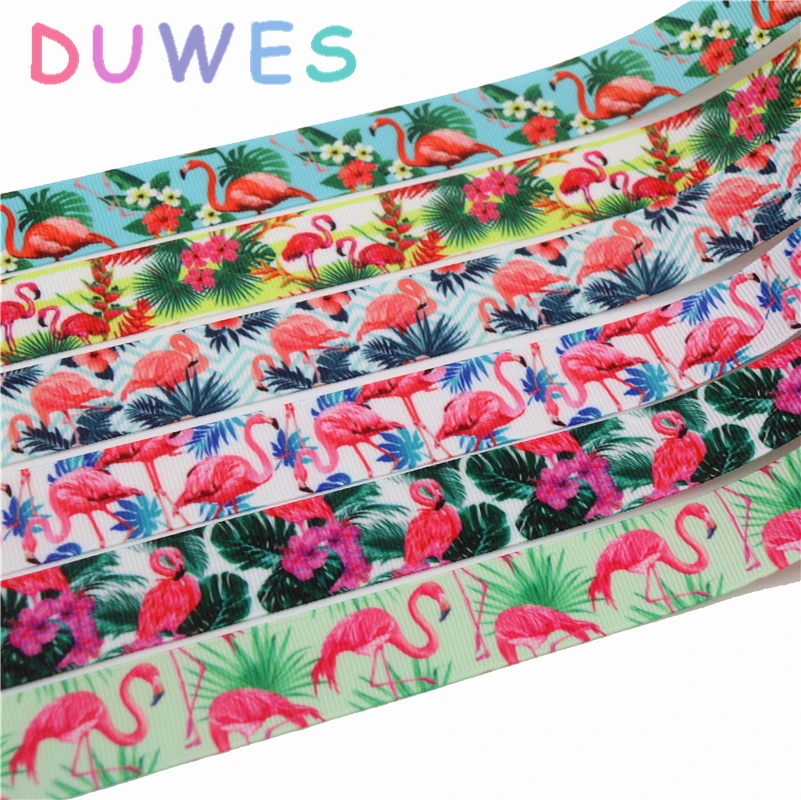 

DUWES 50yards flamingo printed grosgrain Ribbon Accessory hairbow headwear decoration Wholesale OEM DIY D838