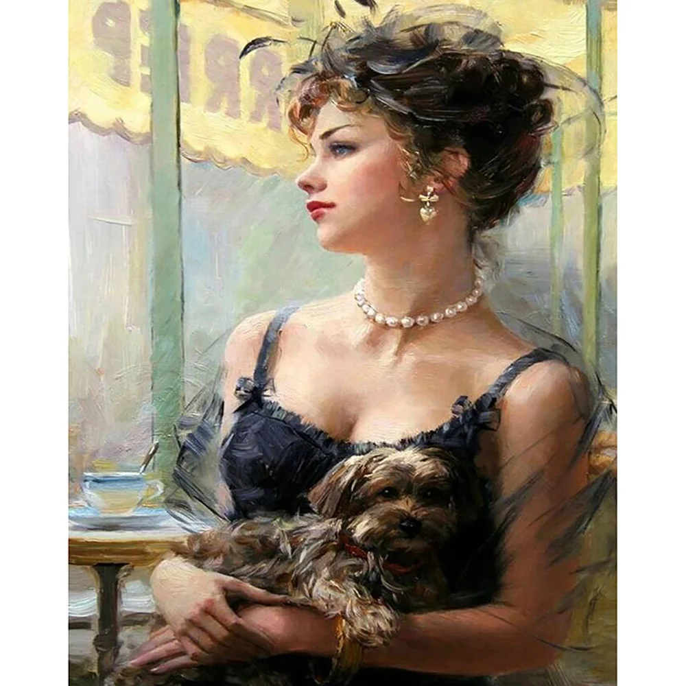 Набор для алмазной живописи сделай сам вышивка крестиком женщина с собакой узоры