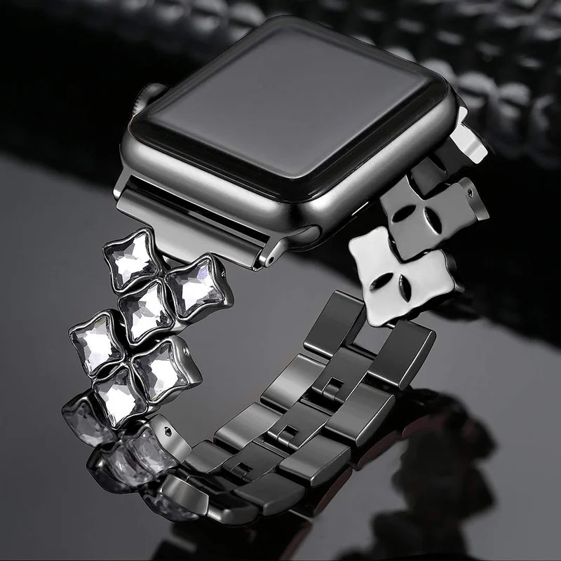 38 мм 42 мм 40 мм 44 мм женские ювелирные полосы для Apple Watch ремешок из нержавеющей стали с бриллиантами для iWatchbracelet серии 4 3 2 1 - Цвет: Black