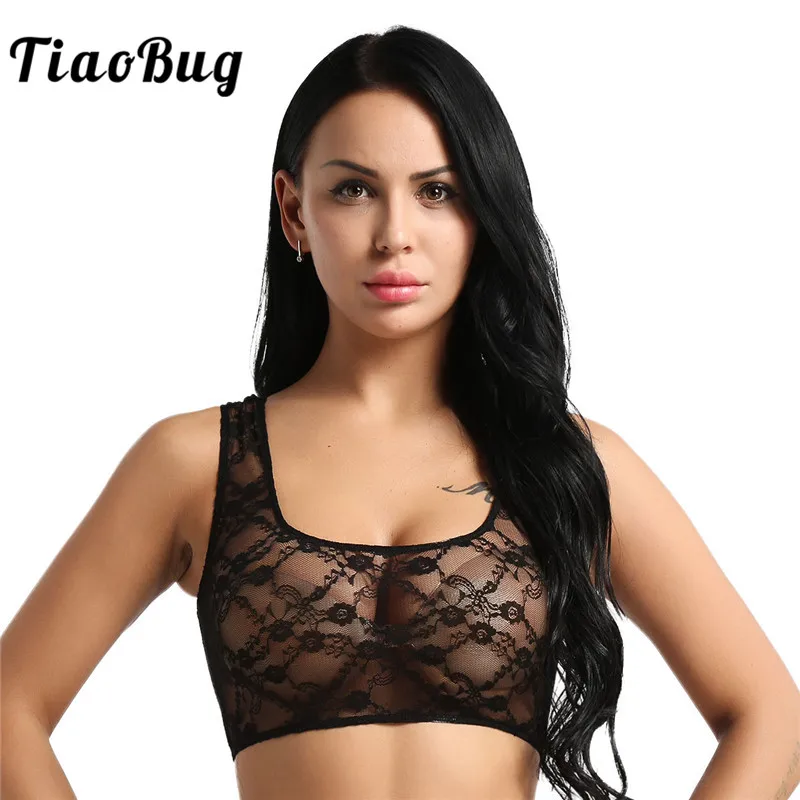 TiaoBug для женщин See Through черный/белый цветочный кружево бюстгальтер укороченный топ широкий плечевой бретели для нижнего белья совок