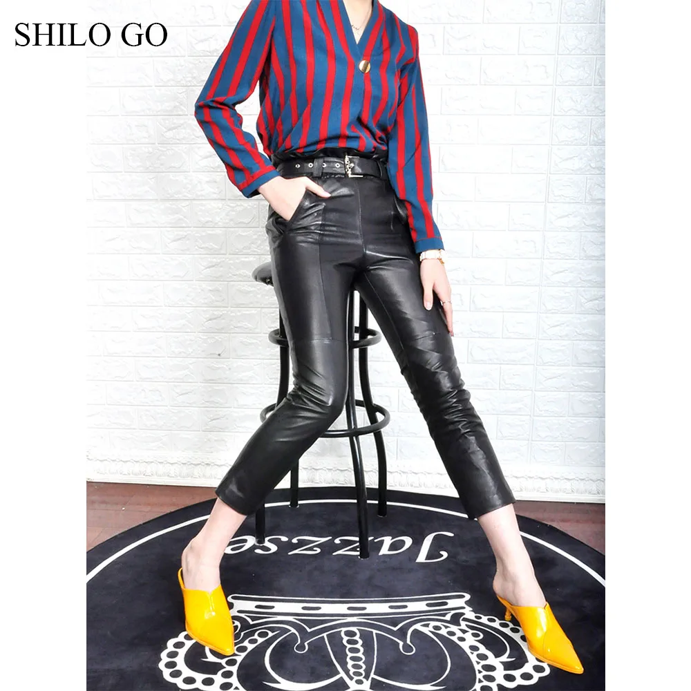 SHILO GO кожаные штаны женские летние модные овчины штаны из натуральной кожи с металлическими заклепками пояс оборки Высокая Васит сексуальный локомотив