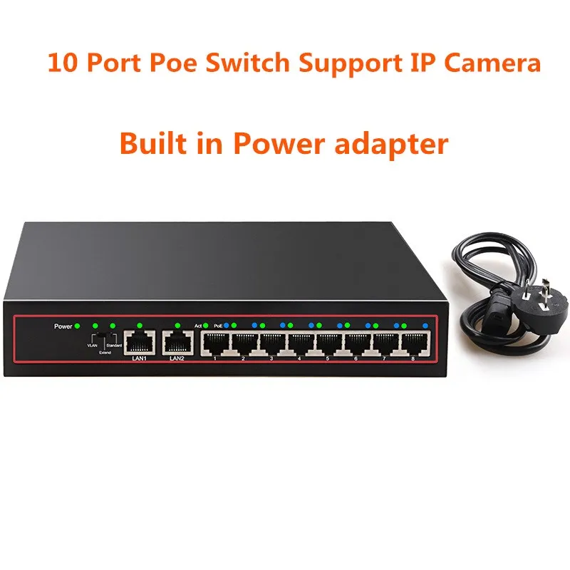 Коммутатор POE с 10 портами 48 В сетевой коммутатор Ethernet 8 PoE выключатель инъектор для