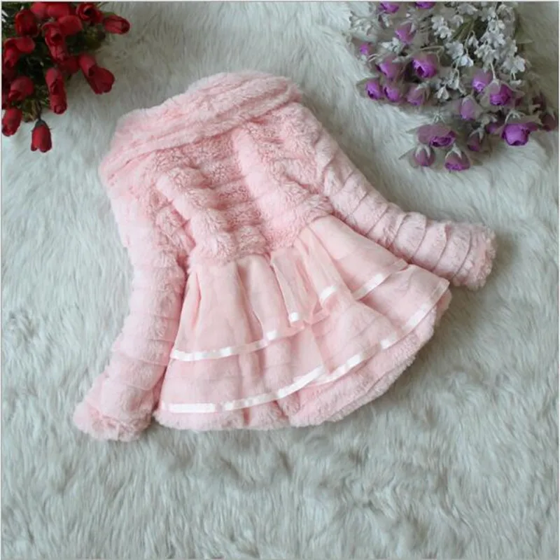 Girl Fur Coat Clothing With Pearl Lace Flower Autumn Winter Wear Clothes Baby Children Faux Dress Dresses Style Jacket QC967 | Детская