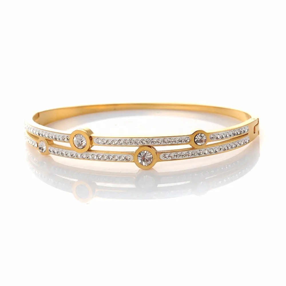 

Fashion Round Double Layer Rhinestone Crystal Love Stainless Steel cuff Bangle Elegant Trendy Lady Bracelet For Party Dress Gift
