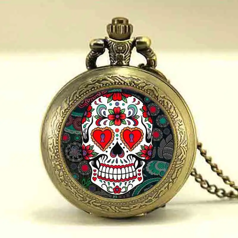Античная бронза Винтаж Череп Скелет карманные часы ожерелье череп кварцевые