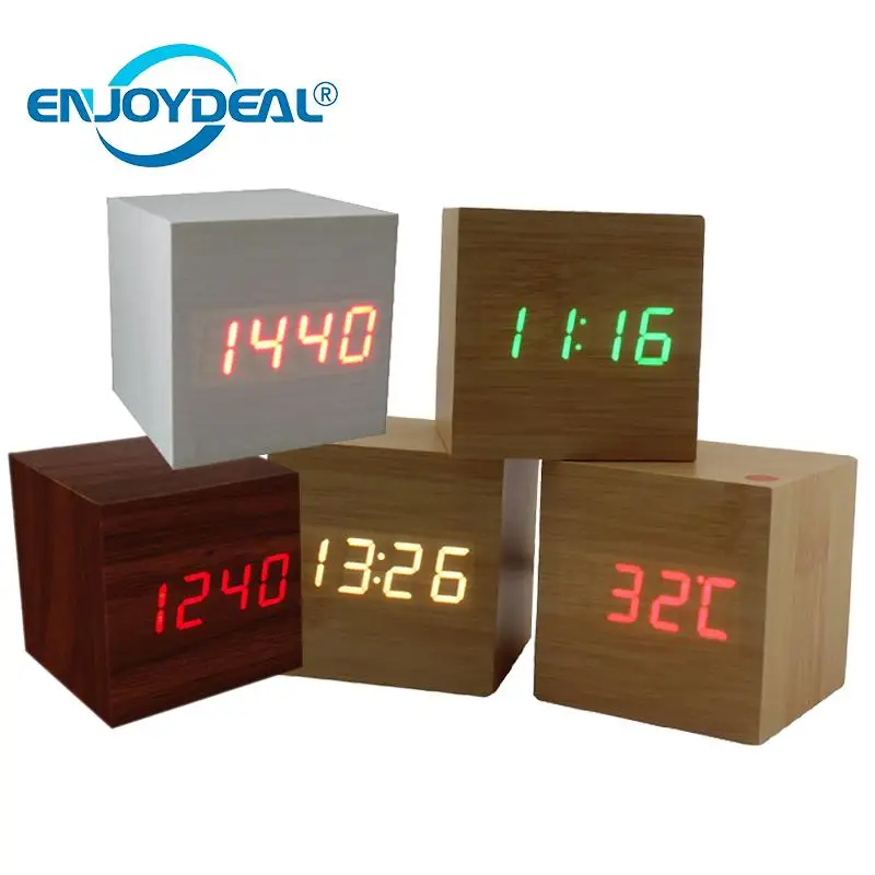 

New Cube LED Digital Alarm Clock Night light Square Modern Sound Control Wood Clock Display Temperature USB/AAA Powered 10 Color