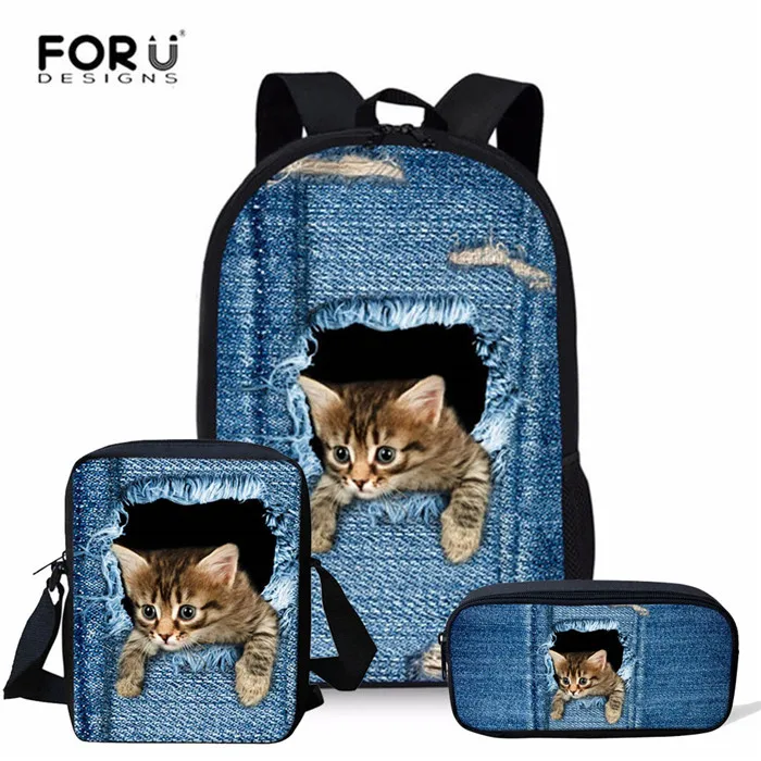 FORUDESIGNS/3 шт./компл. школьные сумки для девочек милые черная кошка печать детский ортопедический Рюкзак Детские книжные сумки Mochila Infantil - Цвет: C3301C-E-K