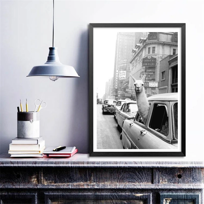 

NOOG Llama in a taxi on Times Square Canvas Print and Poster Vintage llama Print New York City Photo Picture Wall Art Home Decor