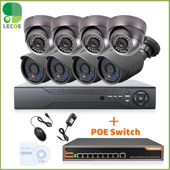 Система видеонаблюдения 8CH POE комплект с 1080P NVR 8pcs 720P камер и 8ch коммутатор. 330ft
