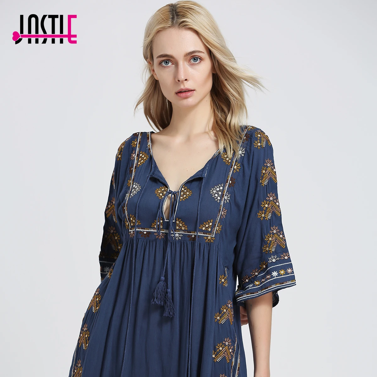Dark blue Jastie Starlight мини-платье в стиле бохо шикарное цветочное вышитое женское платье с вырезом декольте с галстуком сексуальное платье Летнее vestidos 5808 - Цвет: Dark blue