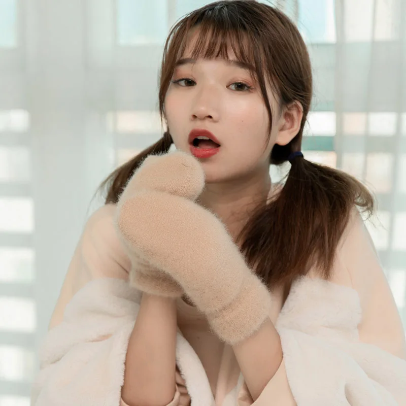 

Cute macaron solid color double thickening mittens ladies winter riding windproof warm plus velvet gloves B33