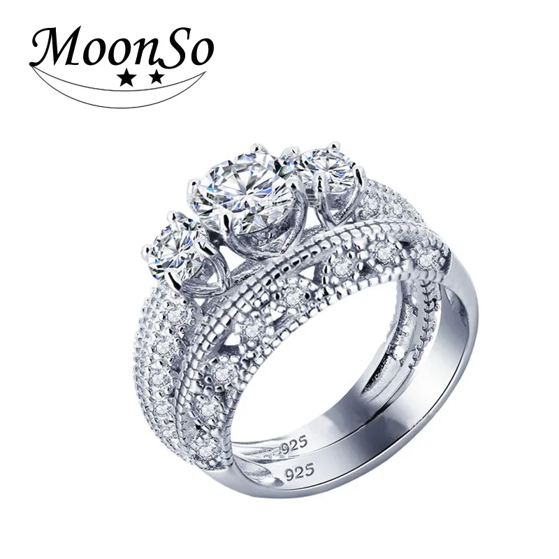 Moonso Настоящее 925 пробы Серебряное кольцо набор из трех камней для женщин обручальное кольцо ювелирных изделий moonso LR1815S