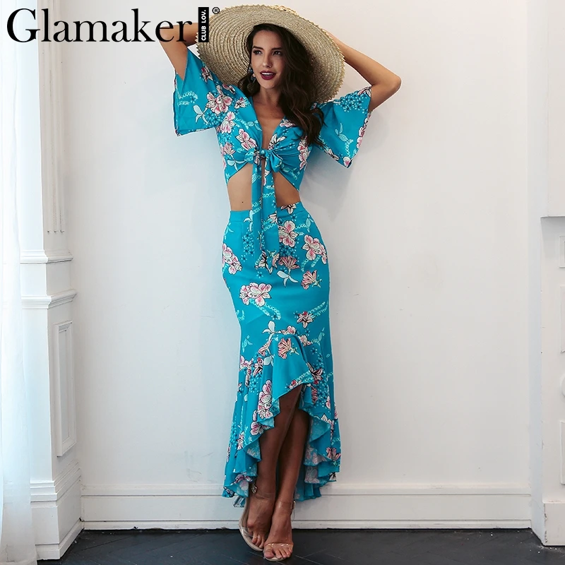 Glamaker, цветочный принт, бохо, летнее платье, женское, из двух частей, с рюшами, макси платье, Пляжное, vestidos, необычное, сексуальное, глубокий v-образный вырез, вечернее платье
