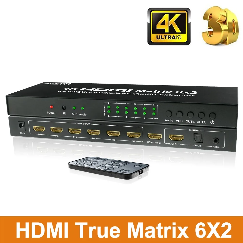 

6 Port HDMI Matrix 6x2 HDMI Switch Splitter 6 input 2 output with IR Remote Support ARC SPDIF optical and 3.5mm Audio Out