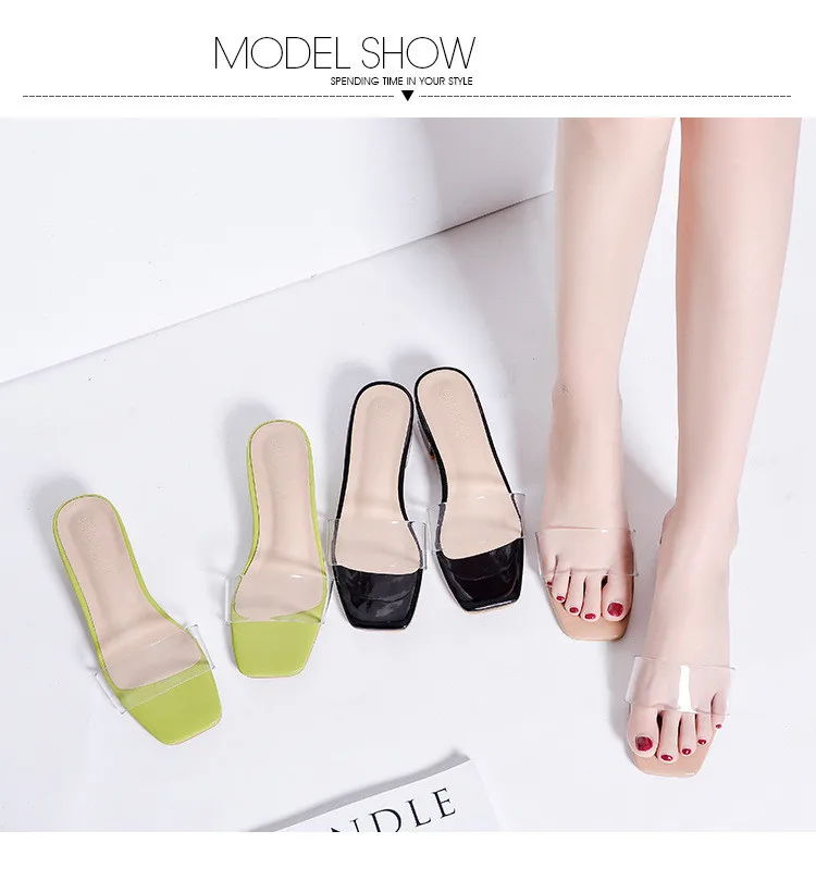 Women Slippers Summer PVC Transparent Jelly Color Square Heel Slides Flip Flops Vacation Casual Ladies Fashion Slip on Flat