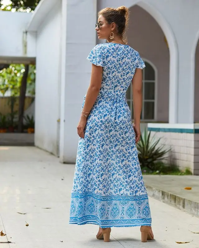 Женское платье с цветочным принтом Boho летнее пляжное треугольным вырезом и