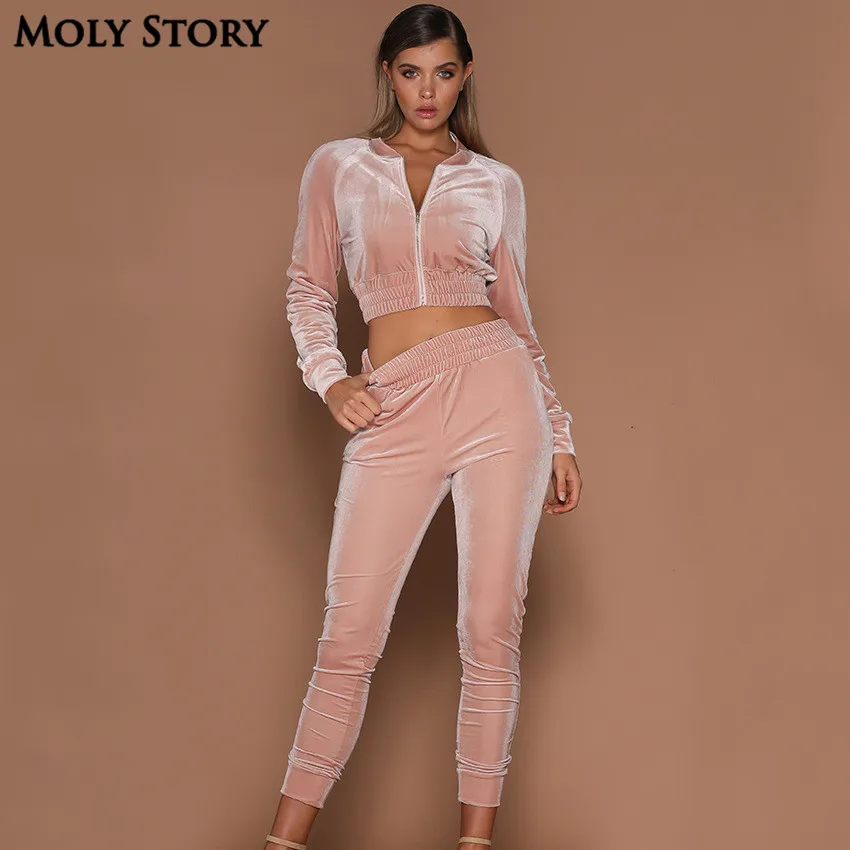 

Clearance Velvet Pink Sweatshirts Velour Tracksuits Women Sportwear Suits Casual Crop Top & Pants Sets