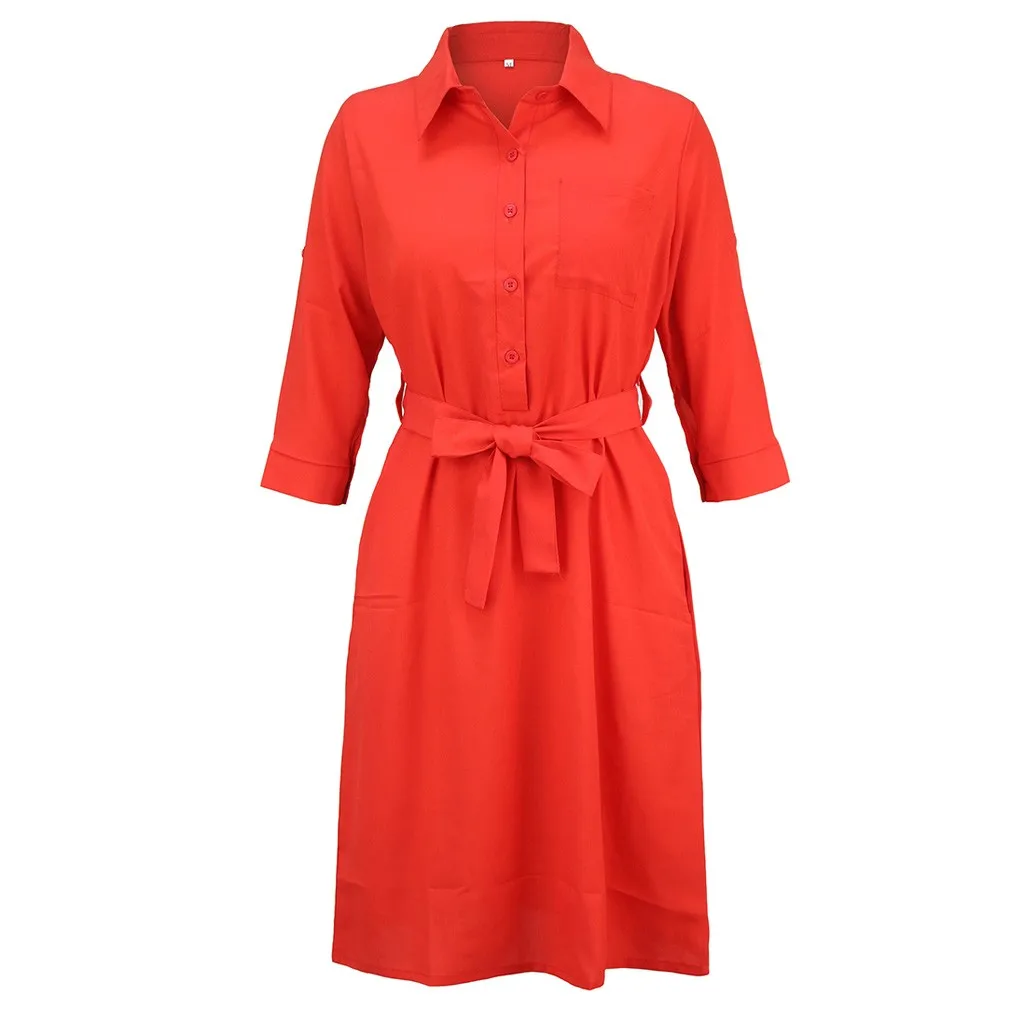 Summer Dress Women Fashion Casual Solid Color Pockets Button Turn-down Collar Three Quarter Sleeve Knee Length Vestidos OY41