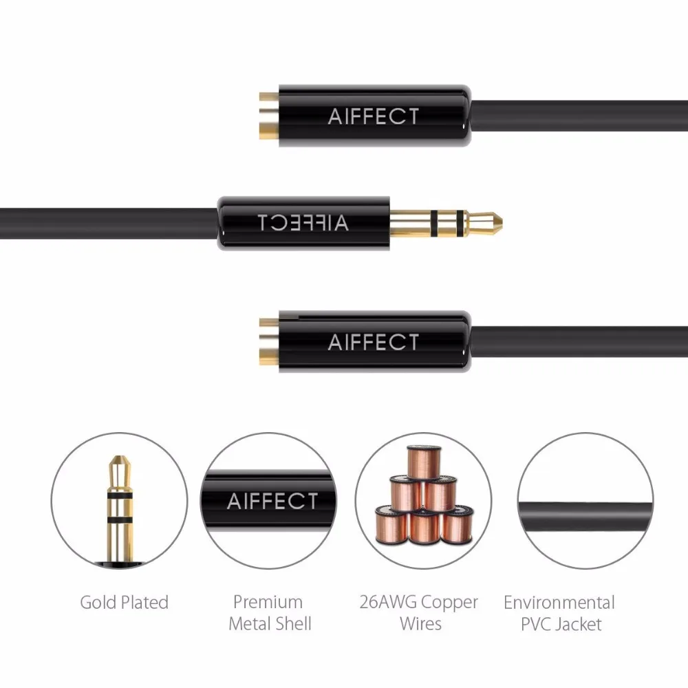 Aiffect Jack 3.5 мм для наушников Splitter Аудио кабель позолоченный Aux компьютера микрофон
