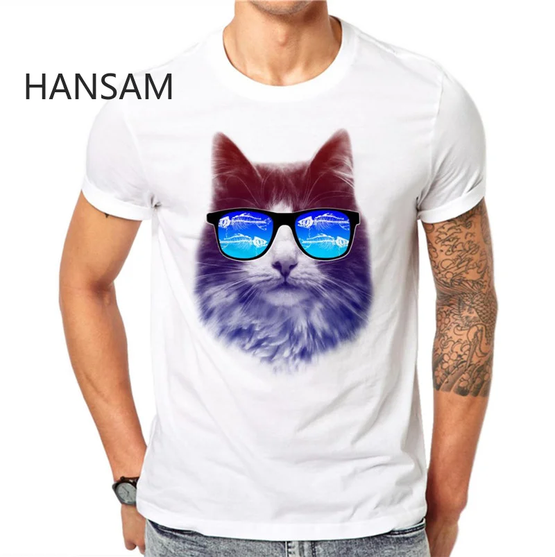 Простые очки дизайн кошки Мужская футболка новинка животный принт хипстерская