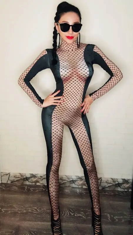 Black Rhinestones Mesh Printed Sexy Nude Jumpsuit Female Singer DS Bodysuit Nightclub Women's Birthday Party Stage Show Clothes