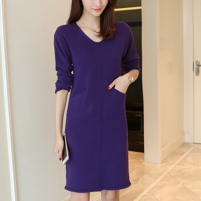 2017 Korean winter women's new poetry Jiaɾn cocoon knit dress female V collar in the long section of loose sweater | Женская