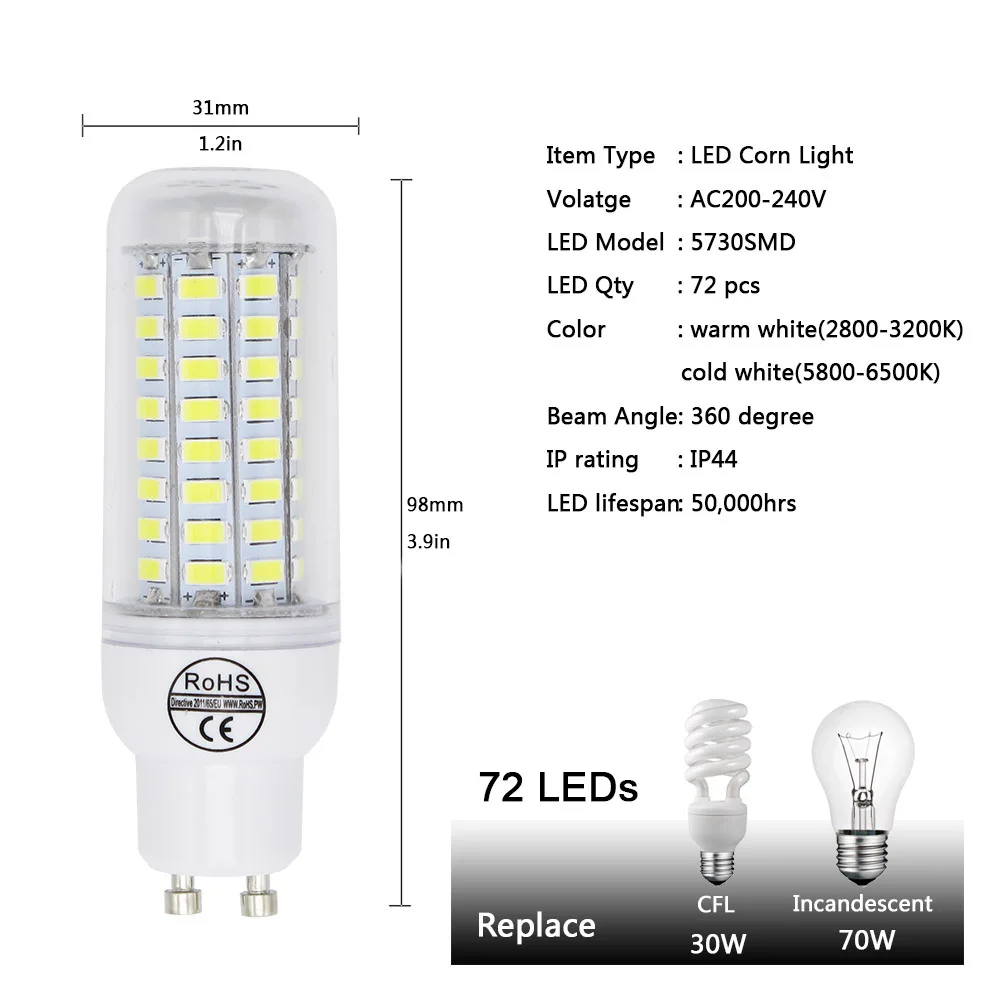 Светодиодная лампа кукуруза GU10 5730 SMD 220 В 7 Вт 12 15 20 30 освещение 24/36/48/56/72 SMD5730