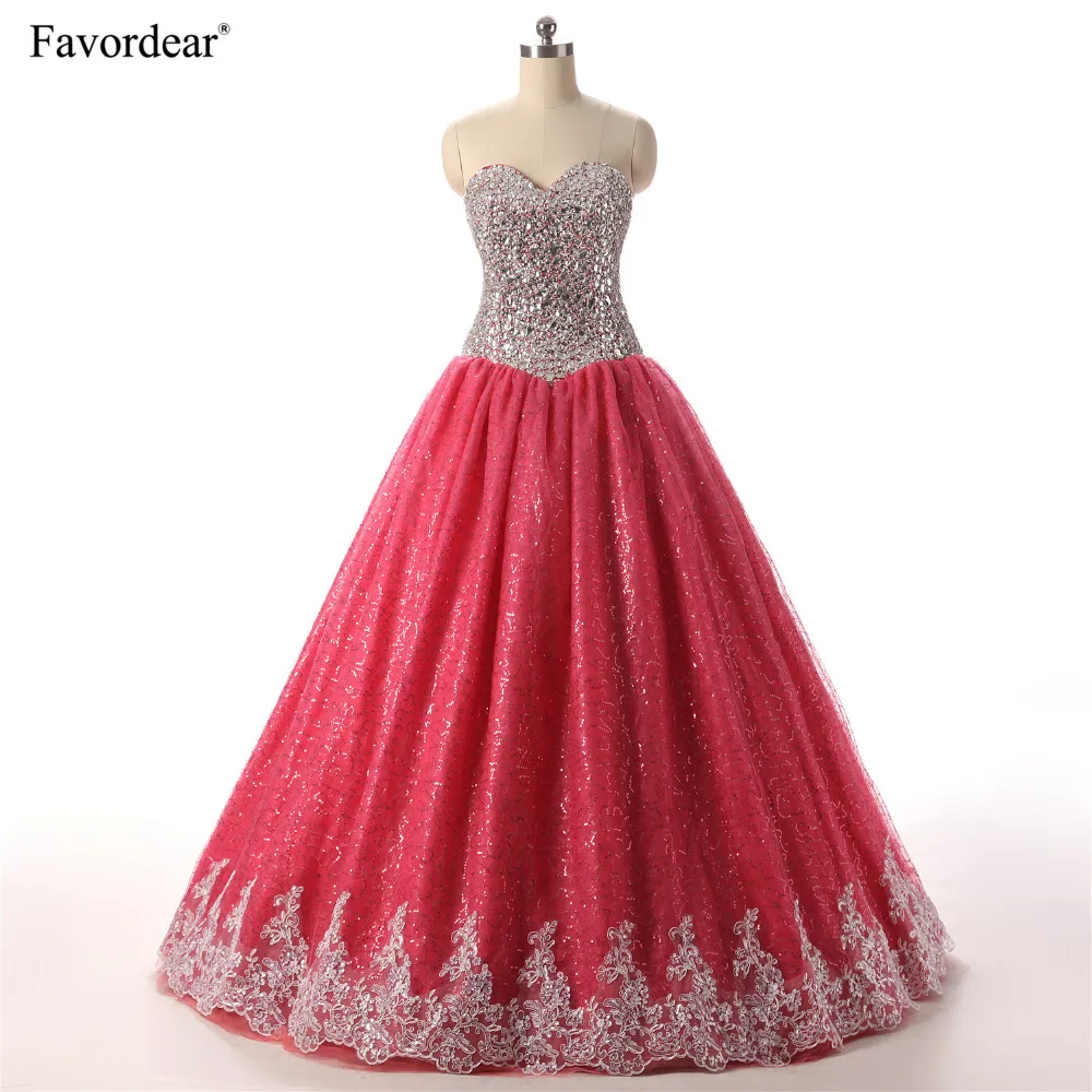 Favordear Stunning Huge Beaded Ball Gown Quinceanera Dresses With Jacket Coral Tulle Silver Crystals Lace Dress | Свадьбы и