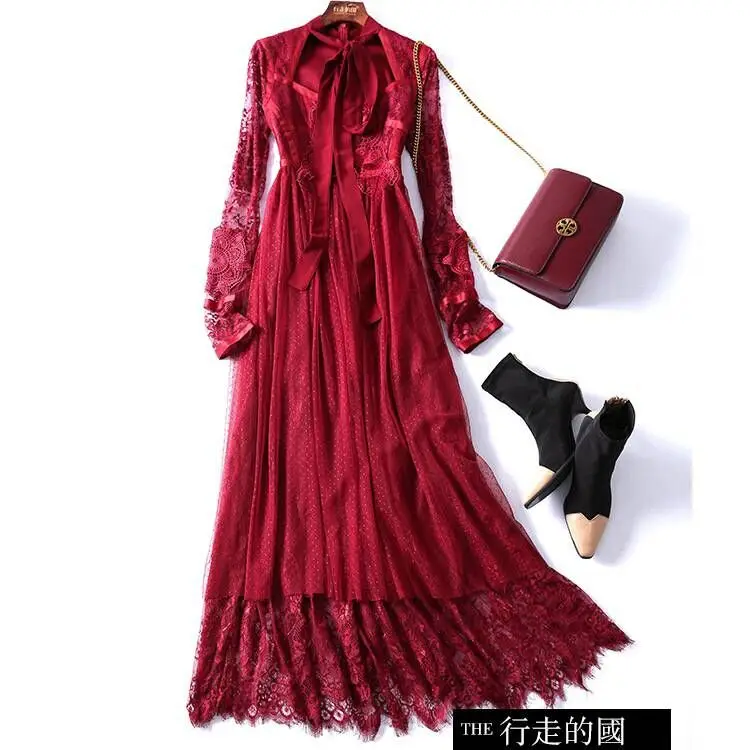 2 Цвет Черные и темно красные туфли Красное Кружевное Платье Одежда высшего