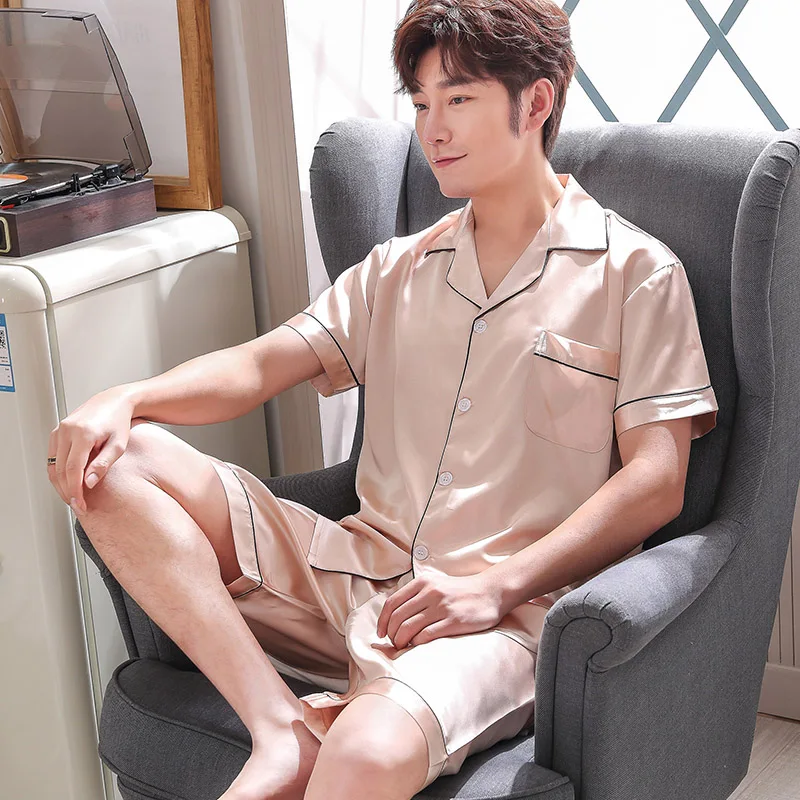 Атласная шелковая пижама шорты для мужчин летняя одежда сна мужской пижамный