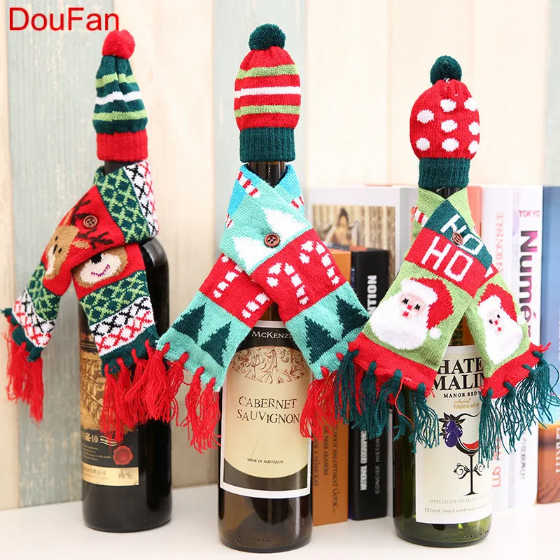 

DouFan 1pc Red Wine Bottle Cover New Year's Products Christmas Party Decoration Supplies 2020 Gifts New Year Decor for Home