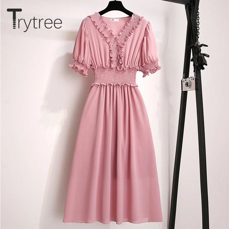 Женское платье трапеция Trytree повседневное однотонное до середины икры с оборками