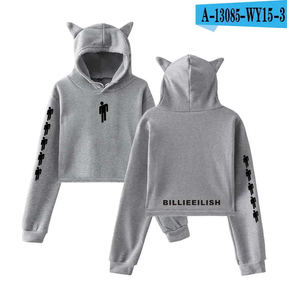 Billieeilish Billie eilish Женская Сексуальная толстовка с кошачьими ушками модный тренд короткий кошачий Топ Горячая Распродажа Kpop Harajuku толстовки Толстовка - Цвет: gray