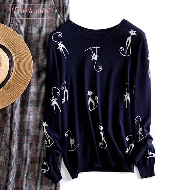 Navy Blue3 Подиумный женский свитер, роскошный бренд, элегантный дизайн, длинный рукав, Feminino, новинка, свободные, с принтом, вязаные свитера-пуловеры, топы, зима - Цвет: Navy Blue3