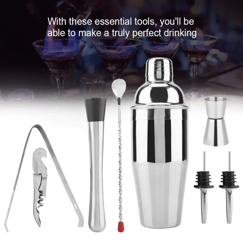 

8Pcs/set 351ml Stainless Steel Cocktail Shaker Bar Set Wine Martini Drinking Mixer Boston Style Shaker For For Party Bar Tool
