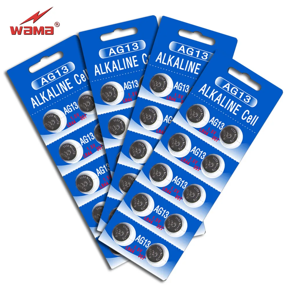 40pcs/lot Wama AG13 1.5V Alkaline Button Cell SR44 L1154 357 A76 Coin Batteries Disposable Calculator Toys