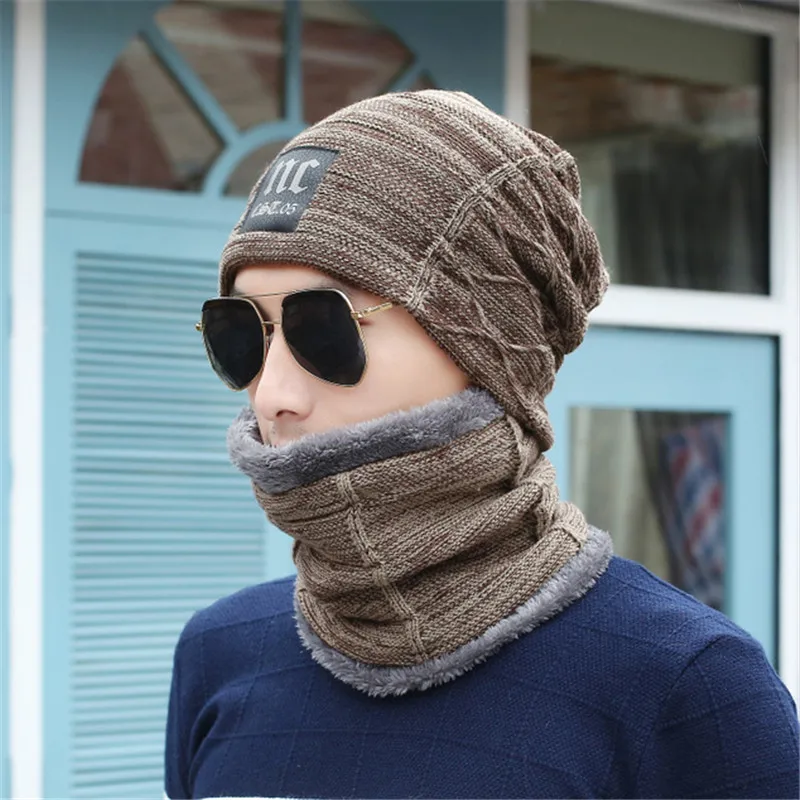 Новое поступление 2017 облегающие шапки с шарфом вязаная шапка мужские зимние для