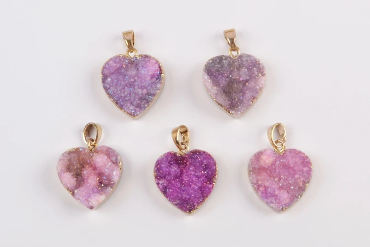 BOROSA 10 шт. Подвески в виде РОЗОВОГО СЕРДЦА Drusy натуральный кулон agates Druzy Титан AB фиолетовая любовь позолоченный кулон для ожерелья подарки для девочек G1829