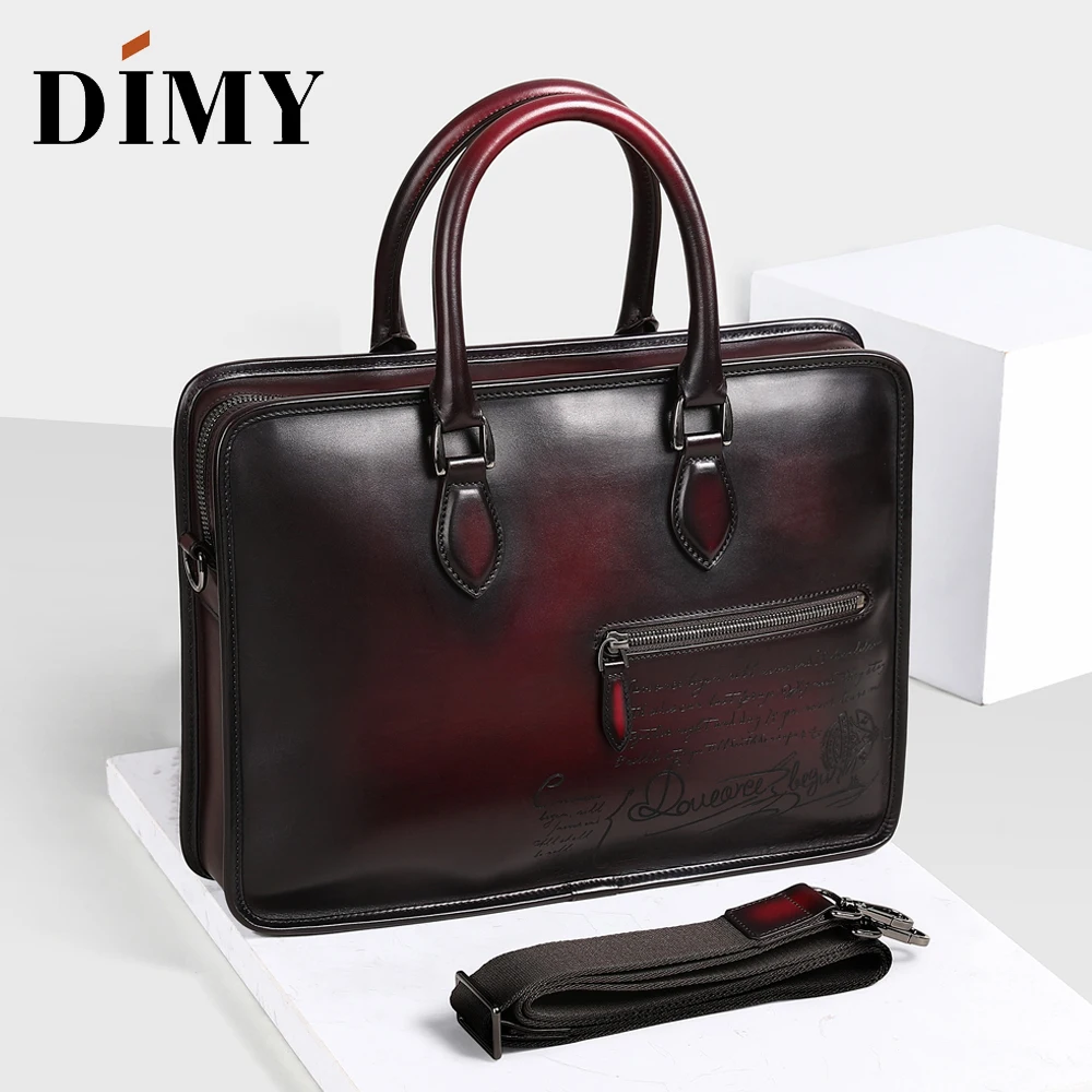 DIMY Dutch Calfskin Genuine Leather Briefcase Men Bag Hand Patina Business Briefcases 15 Luxury Bags Designer Shoulder Bag 2019