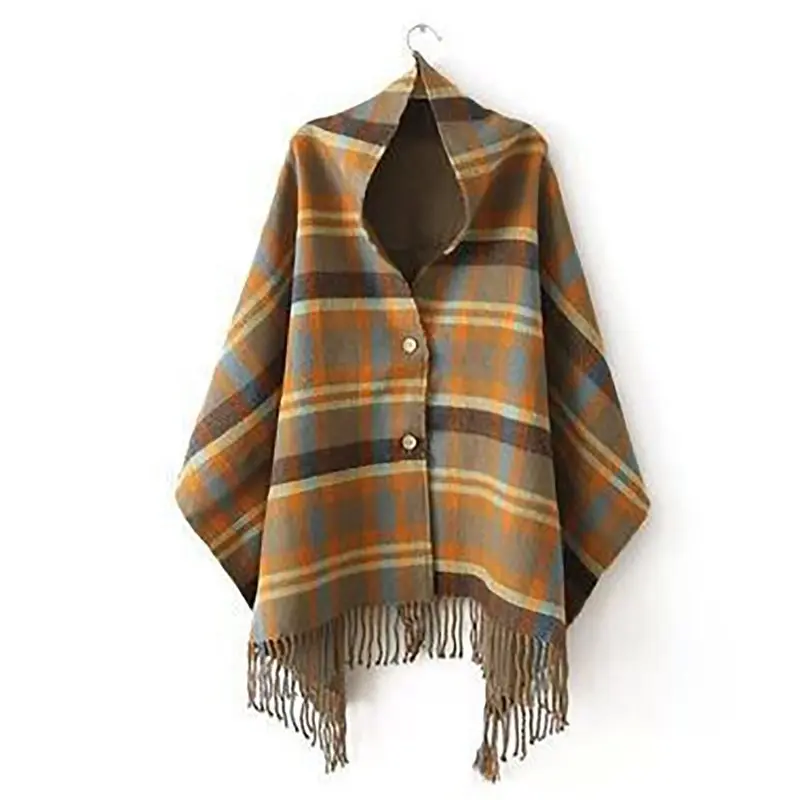 Винтажная Мода клетчатая накидка пальто пончо женские Элегантный boho кисточкой