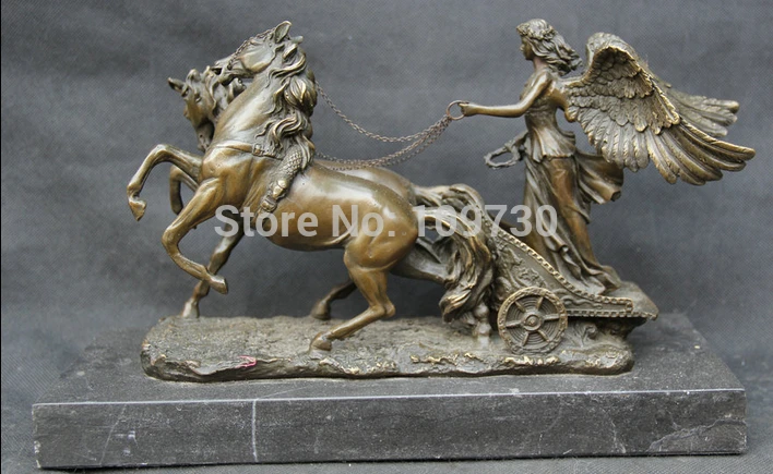 bir 003118 12&quot Chinese Bronze Two Horse Pull Angel Gal Girl Goddess wing marble base Statue | Дом и сад
