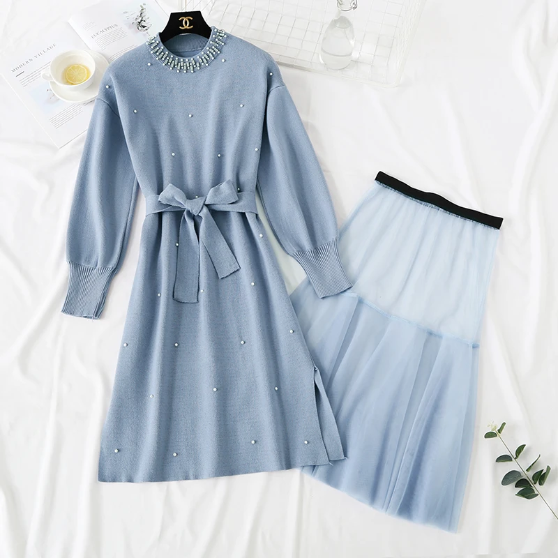 Женское платье свитер 2020 осенне зимнее с длинным рукавом и бусинами в стиле ретро