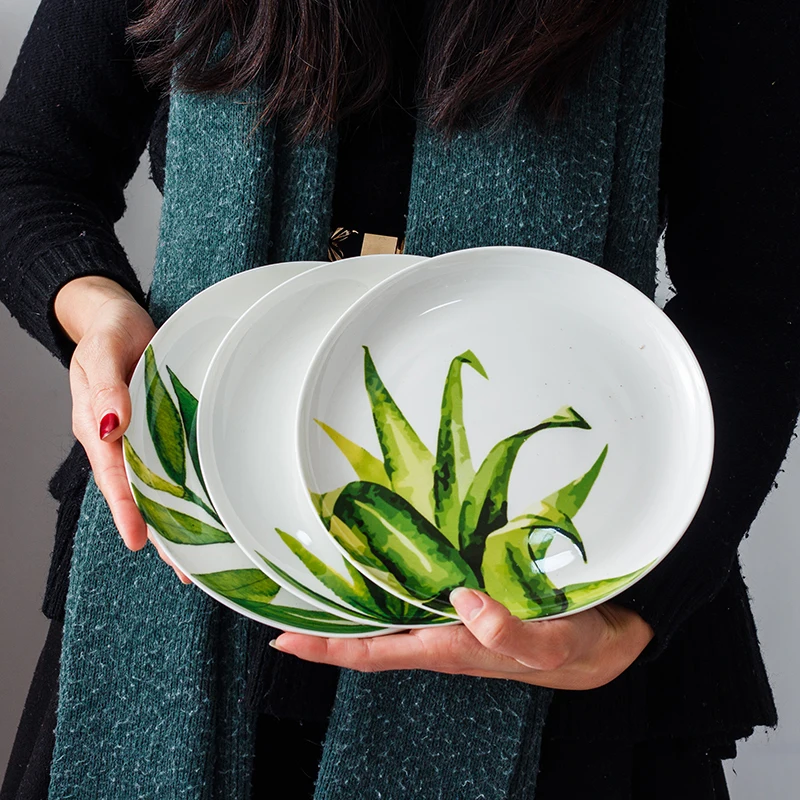4 шт набор 8 дюймов круглые зеленые растения тропические фарфоровые тарелки