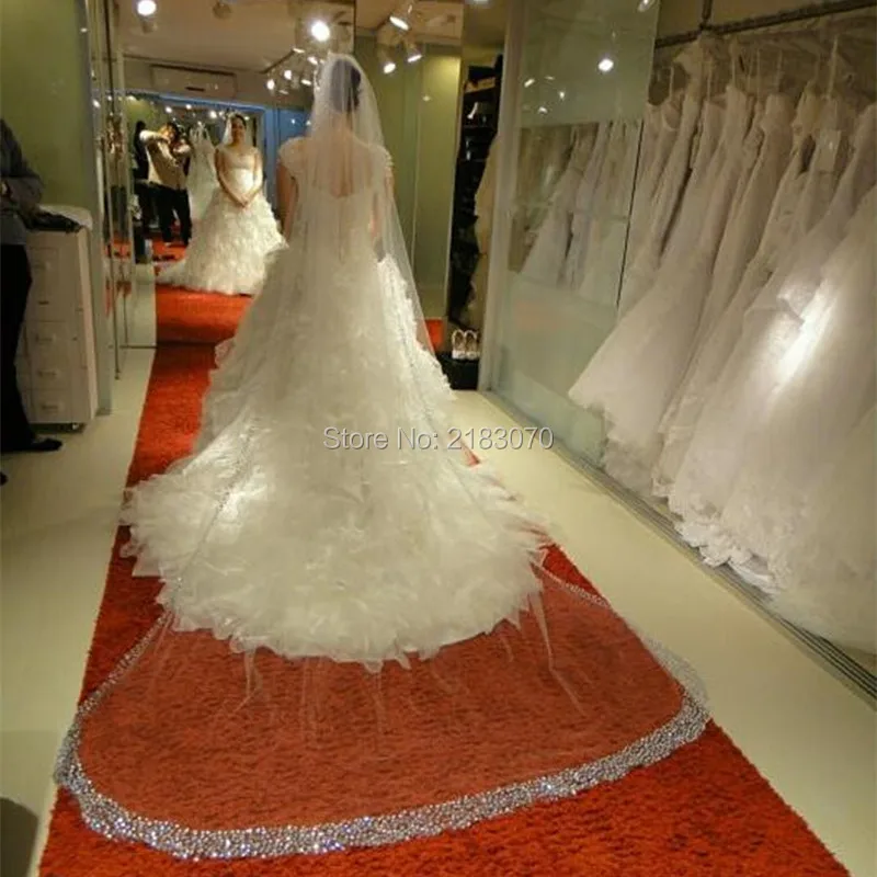 Роскошные 3 М Длиной Фаты С Кристаллом 2016 Вуаль Mariage Горный Хрусталь Блестящий