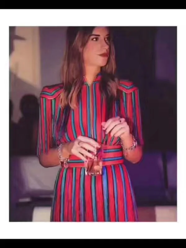 Летнее платье 2017 элегантные Для женщин мода Европейский Дизайн стенд Ленточки в полоску вечерние